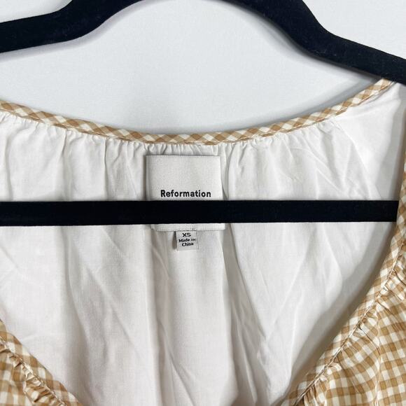 Reformation XS Tan Natural Roland Dress Anzo Check Gingham Midi Button Front - Picture 6 of 14